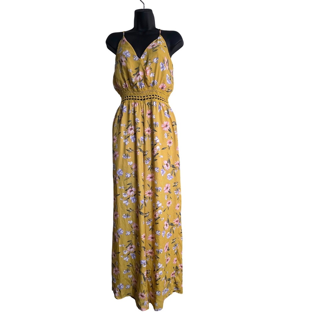 IRIS Womens Mustard Yellow Floral Wide Leg Jumpsuit‎ Crochet Waist Large